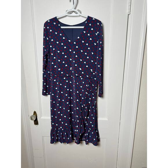 Talbots Navy Blue Heart V-neck Long Sleeve Faux Wrap Knit Dress Women's 12 - Picture 1 of 9